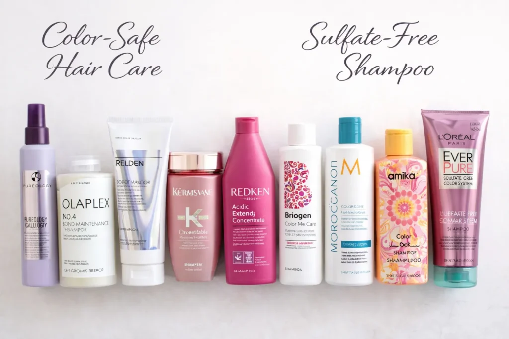 A collection of color-safe hair care products and sulfate-free shampoos