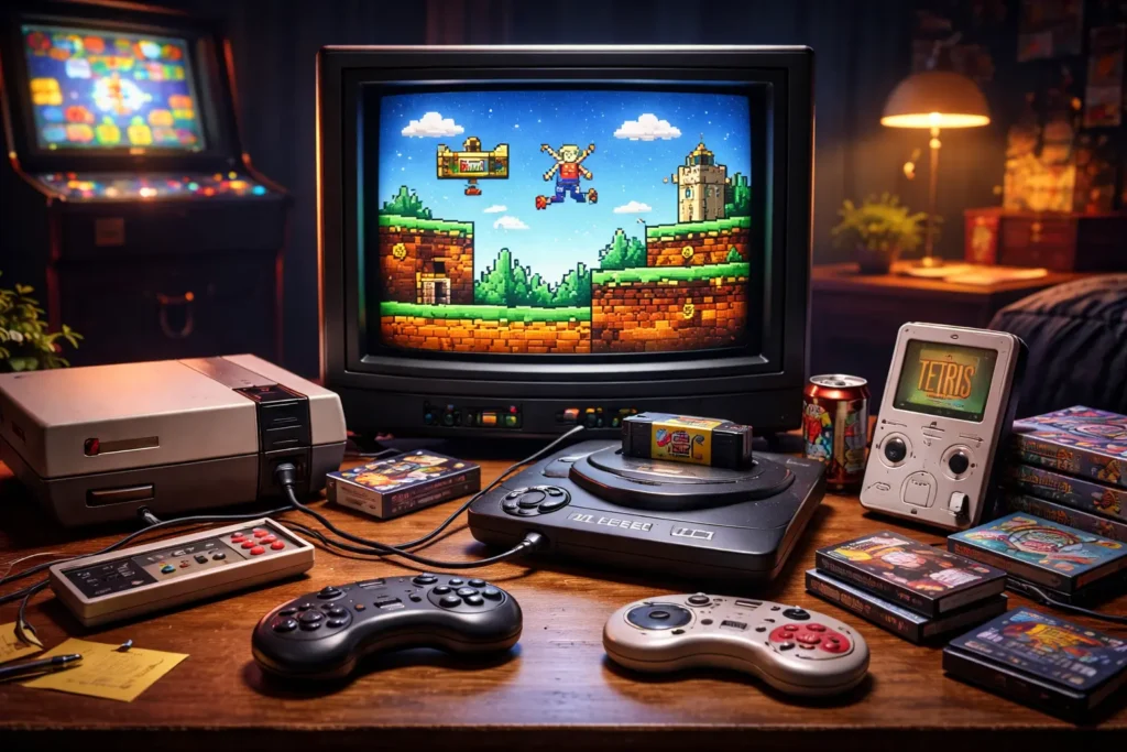 Retro gaming guide setup with classic consoles CRT TV pixel art games and vintage controllers