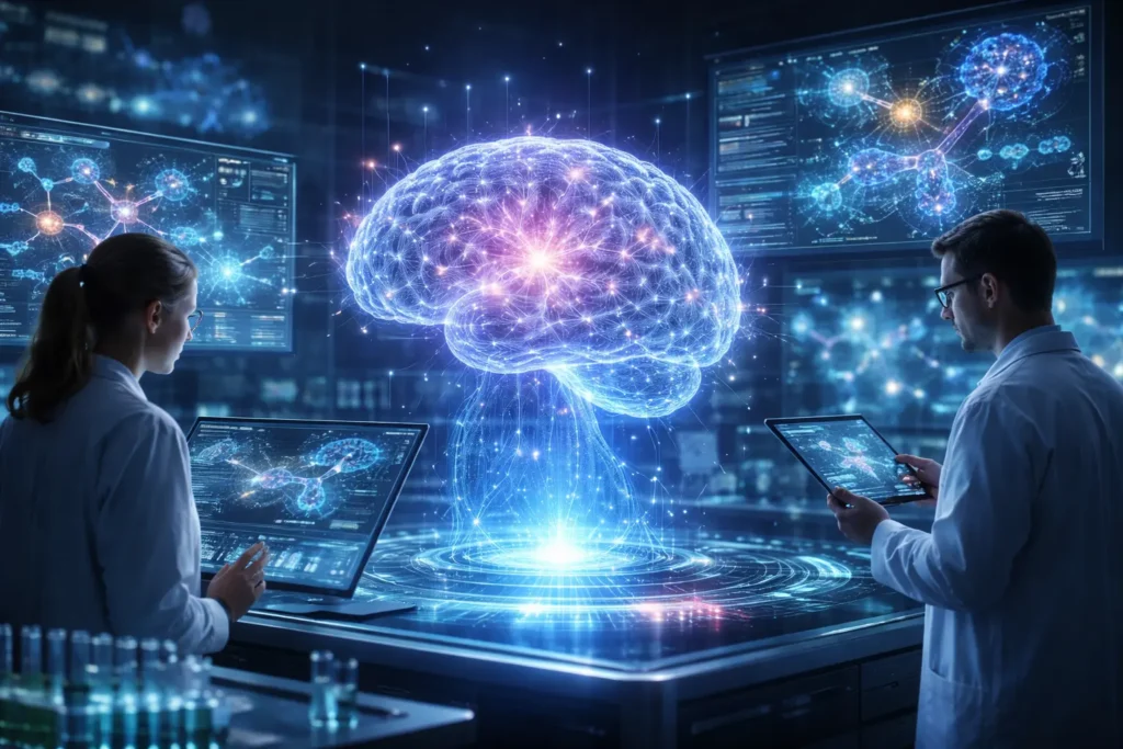 DEPOMIN82 breakthrough in neuropsychiatry showing brain neural pathways and innovative treatment mechanism visualization