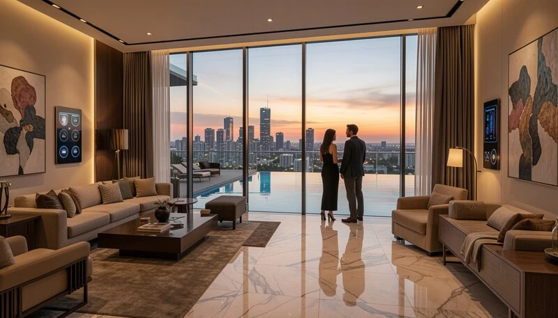 Penthouse Hub luxury living interior with panoramic skyline views, premium modern design, and exclusive urban prestige amenities.